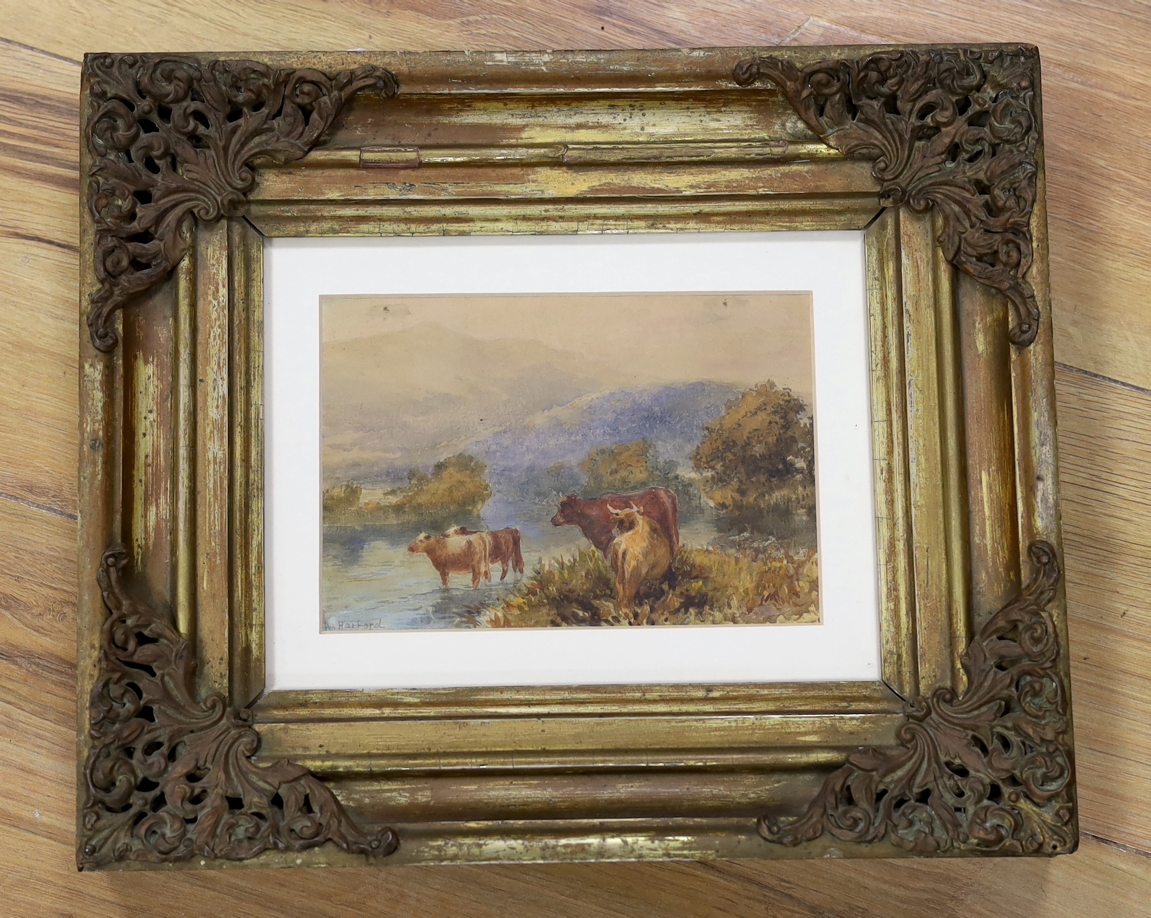 William Henry Harford (1840-1917), watercolour, Mountainous landscape with Highland cattle, signed, 17 x 12cm